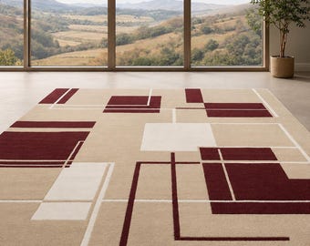 Alfombra geométrica abstracta, alfombra moderna color burdeos, beige y crema.