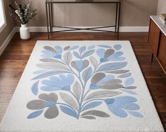 Alfombra de lana tejida a mano, con estampado floral botánico azul, estilo escandinavo.