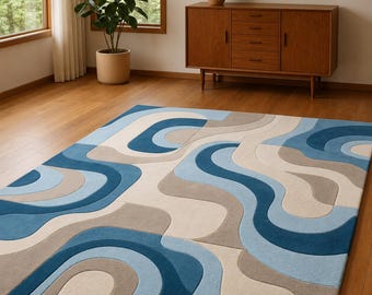 Tapete de lã tufado à mão, tapete geométrico abstrato azul, moderno para sala de estar.