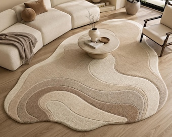 Alfombra de forma orgánica abstracta, alfombra irregular de color beige neutro, decoración minimalista para el suelo de la sala de estar.