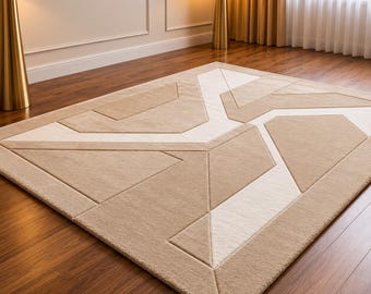 Alfombra geométrica de lana tejida a mano, alfombra abstracta beige neutra, alfombra suave para sala de estar.