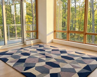 Hand Tufted Wool Rug, Geometric Abstract Blue Beige Grey Carpet, Living Room Bedroom Home