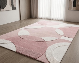 Alfombra abstracta de lana rosa rubor, moderna, geométrica, tejida a mano, suave y minimalista para sala de estar.