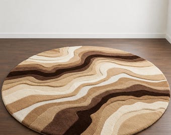 Alfombra redonda abstracta moderna, alfombra de felpa con ondas beige y marrón, alfombra minimalista contemporánea para el suelo.