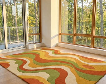 Handgetufteter Wollteppich, abstrakte gewellte organische Form, moderner Retro-Wohnzimmer-Bodenteppich
