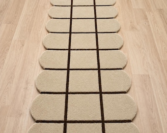 Hand Tufted Wool Runner, Beige Brown Checkered Scalloped Edge Carpet