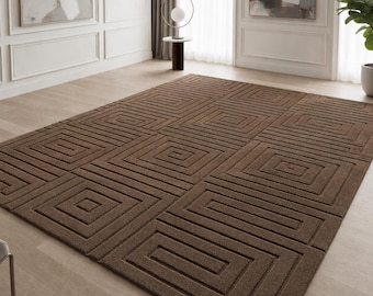 Alfombra geométrica de lana marrón, alfombra moderna abstracta con textura.