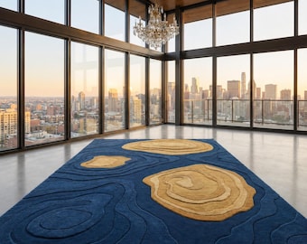 Alfombra abstracta de lana tejida a mano con contorno, color azul beige, alfombra moderna para áreas.