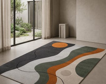 Alfombra abstracta de lana hecha a mano, estampado geométrico de ondas, verde, naranja y crema, ideal para salas de estar contemporáneas.