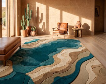 Alfombra abstracta de lana hecha a mano, alfombra orgánica azul beige, decoración personalizada para sala de estar