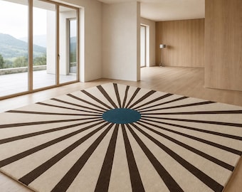 Tapete Sunburst feito à mão em lã, com estampa geométrica em tons de creme e marrom, para sala de estar moderna (tamanho personalizado).