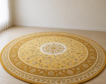 Alfombra redonda con medallón floral amarillo dorado, alfombra tradicional de estilo vintage.