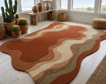 Alfombra abstracta de lana hecha a mano, alfombra orgánica azul beige, decoración personalizada para sala de estar