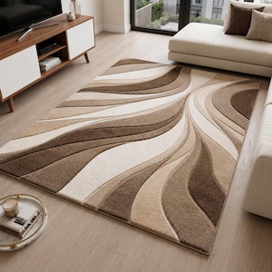 Handmade Tufted Wool Rug, Abstract Wave Pattern, Neutral Beige Brown Carpet