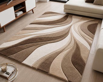 Alfombra moderna abstracta ondulada, alfombra marrón beige crema para sala de estar.