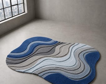 Hand Tufted Wool Abstract Wave Rug – Blue Grey Soft Carpet