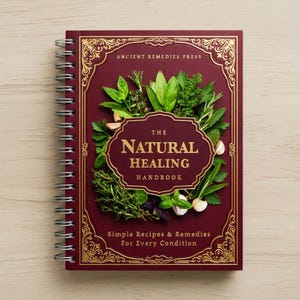 Könnte beinhalten: Ein spiralgebundenes Handbuch mit dem Titel "The Natural Healing Handbook" mit burgunderfarbenem Einband. Das Cover zeigt goldene Verzierungen und ein zentrales Design aus frischen Kräutern. Der Text lautet: "Simple Recipes & Remedies For Every Condition".