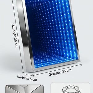 May include: A rectangular, silver-framed LED light fixture. The dimensions are 25 cm wide, 35 cm long, and 5 cm deep. The frame is 5 mm thick. The fixture has a blue light effect. The text on the image says "Handmade Quality" and "Special Wood and Chrome Craftsmanship."