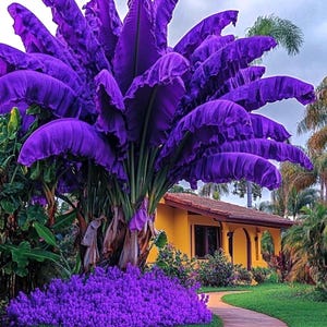 Puede incluir: Un vibrante banano púrpura con hojas grandes y arrugadas. Un lecho de flores púrpuras se encuentra en la base del árbol. Una casa amarilla con techo de tejas rojas se encuentra en el fondo, con un camino sinuoso que conduce a ella.