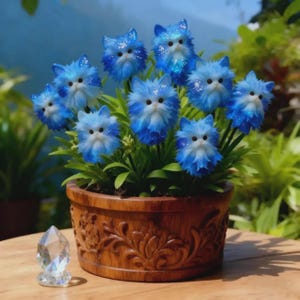 Puede incluir: Un arreglo decorativo de flores azules con forma de gato en una maceta de madera tallada. Las flores tienen caras blancas y detalles de purpurina. Un prisma de cristal transparente está frente a la maceta. Fondo de follaje verde.