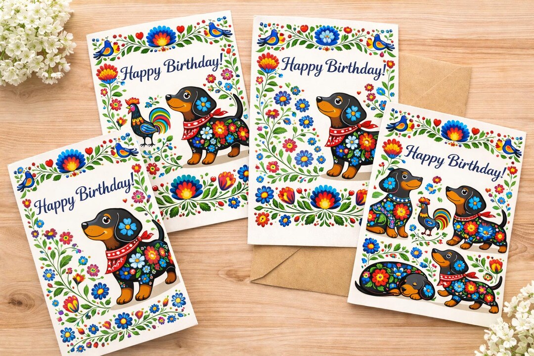 Folk Dachshund Birthday Card Printable-cute Sausage Dog Greeting Card ...