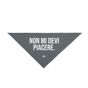 Può includere: Un bandana triangolare grigio con la scritta bianca "NON MI DEVI PIACERE.". Il bandana ha anche le iniziali "HGD." stampate. Il bandana è realizzato in un materiale morbido.