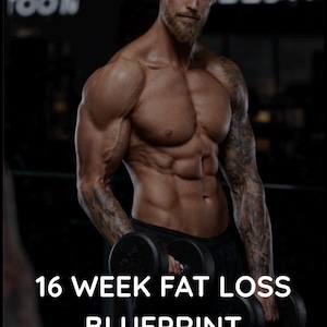 May include: A muscular man holding dumbbells, with the text "16 WEEK FAT LOSS BLUEPRINT COACH EMILIO" at the bottom. The man has a beard and tattoos on his arm. The image is dark with a focus on fitness and weight loss.