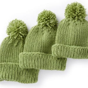 Pode incluir: Três gorros de malha verde-sálvia, cada um com uma aba dobrada espessa e um pompom de lã a condizer no topo. Os gorros apresentam uma textura de malha grossa e estão dispostos em grupo sobre um fundo branco liso.