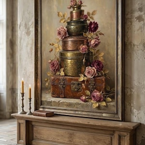 Pode incluir: Uma pintura em estilo antigo retrata uma pilha de recipientes de metal decorativos e uma mala de couro, adornada com rosas. A obra de arte está emoldurada em ouro e repousa sobre uma consola de madeira. Duas velas acesas estão à frente.