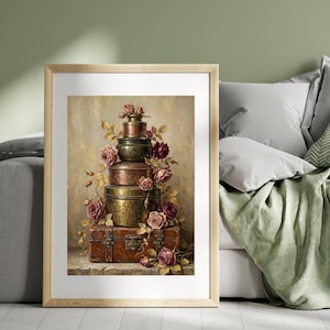 Cuadro decorativo vintage con estampado floral en maceta: estampado botánico de rosas rosas, decoración rústica de estilo campestre.