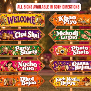 Puede incluir: Un conjunto de diez letreros coloridos en forma de flecha con el texto Welcome, Chai Shai, Party Sharty, Nacho Gao, Dhol Bajao, Khao Piyo, Mehndi Lagao, Photo Shoto, Gaana Bajana y Kuch Meetha Hojaye, con ilustraciones de tambores, comida y manos.