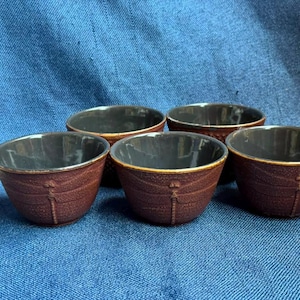 Puede incluir: Un juego de cuatro tazas de té pequeñas y redondas de hierro fundido con un exterior texturizado de color marrón rojizo que presenta un motivo de libélula. Cada taza tiene un interior gris oscuro liso y un borde ancho para servir bebidas.