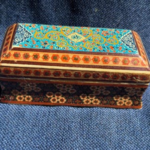 1970s Persian Khatamkari Vintage Jewelry Box Hand Painted Miniature Inlaid Wood Lacquer Case