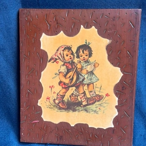 Vintage 1970s Hummel Style Wooden Art Plaque Kitsch Children Nursery Wall Decor