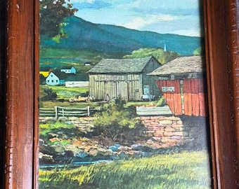 Gerahmter Kunstdruck von Eric Sloane aus dem Jahr 1966: Überdachte Brücke in Neuengland, rote Scheune, Vintage-Lithografie mit Wirbelmuster aus der Mitte des Jahrhunderts, Americana-Hüttenwand.