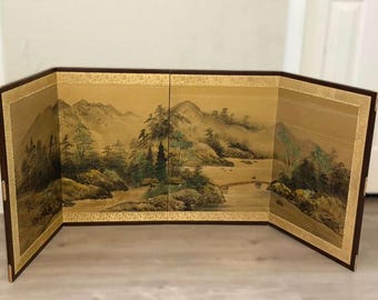 Large 64" Japanese 4-Panel Byōbu Screen - Hand-Painted on Silk - "Sadao" Landscape - Mid-Shōwa Period (c. 1960)