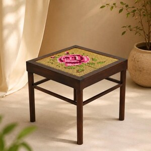 Handmade Embroidered Rose Cane Stool | Wood Accent Coffee Table Woven Rattan Footstool Decor