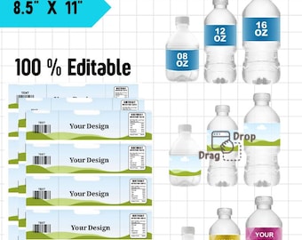 Plantilla de Canva para etiquetas de botellas de agua de 8, 12 y 16 oz, etiquetas para botellas de agua de cumpleaños, etiquetas para botellas de recuerdo de fiesta, plantillas para etiquetas de bebidas, maquetas de botellas de agua.