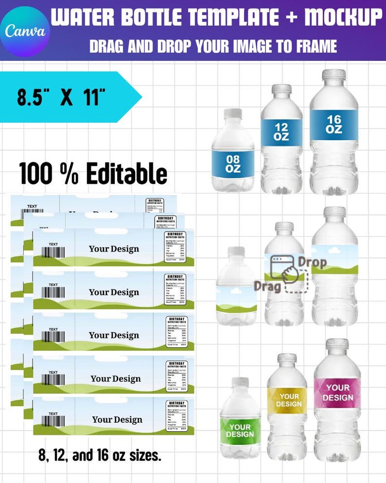 8,12,16 oz Water Bottle Label Canva Template, Birthday Water Bottle Label, Party Favor Bottle Label,Drink Label Template,Water Bottle mockup
