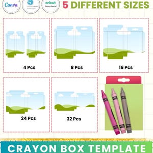 May include: A digital file set for a crayon box template featuring five different sizes labeled 4, 8, 16, 24, and 32 pieces. The design includes a blue sky with white clouds and green hills. Three crayons in pink, light pink, and gray are shown.