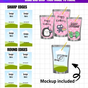Pode incluir: Um modelo para designs Capri Sun, com maquetes de bordas afiadas e arredondadas. Inclui designs de "Feliz Aniversário" com personagens de desenhos animados e modelos em branco para designs personalizados. A imagem também inclui o texto "Drag and Drop Your Image to Frame".
