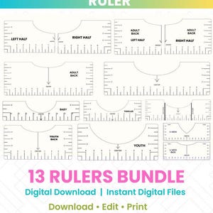 May include: A bundle of 13 T-shirt alignment tool rulers in various sizes, including adult, youth, baby, and toddler. The rulers are white with black markings and text, designed for digital download and instant use. The image includes the text "TSHIRT ALIGNMENT TOOL RULER".