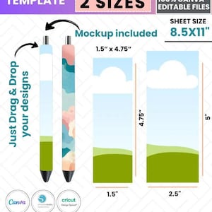 May include: Pen wrap sublimation template with two sizes, 3.8 cm x 12.1 cm and 6.4 cm x 12.7 cm. The design includes a mockup and is compatible with Canva, Silhouette Studio, and Cricut Design Space. The sheet size is 21.6 cm x 27.9 cm. Instant download with 100% editable files.