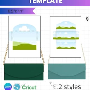 Może przedstawiać: Szablon projektu torebki w kształcie czekolady, z dwoma stylami i paskami łańcuszkowymi. Projekt zawiera grafikę krajobrazu oraz tekst "CHOCOLATE BAR PURSE TEMPLATE" i "8.5" x 11". Zawiera logo Canva i Cricut.