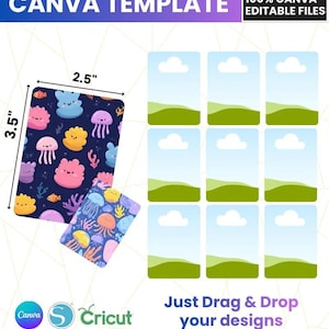 Op de afbeelding: Een Canva-sjabloon voor speelkaarten met een kleurrijk ontwerp met oceaanthema. De kaart meet 6,35 cm bij 8,89 cm. De afbeelding bevat de tekst "PLAYING CARD CANVA TEMPLATE" en "Just Drag & Drop your designs."