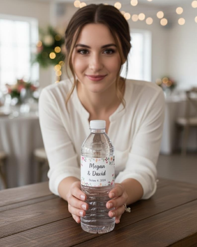 May include: Clear plastic water bottle with a white cap. The bottle has a label with the names "Megan & David" and the date "October 4, 2024" surrounded by floral designs. The bottle is held by a person.