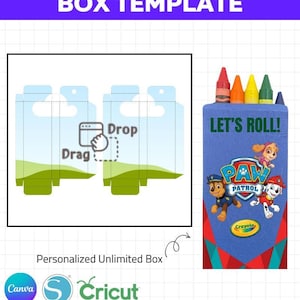 Puede incluir: Plantilla para una caja de 4 piezas de ceras de colores. La imagen muestra una caja azul con el texto "LET'S ROLL!" y personajes de Paw Patrol. La caja contiene ceras rojas, naranjas, amarillas y verdes. La imagen también incluye un diseño para la plantilla de la caja.