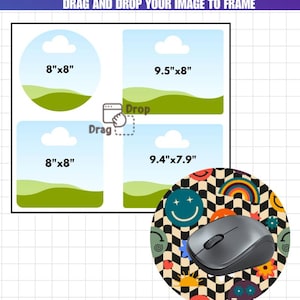 May include: A digital mouse pad template featuring four distinct frame shapes with dimensions labeled as 8"x8", 9.5"x8", and 9.4"x7.9". A circular preview shows a black computer mouse on a patterned surface with smiley faces and rainbows.