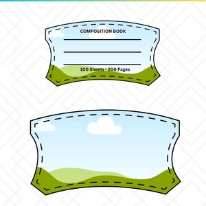 May include: Two composition book labels with a landscape design. The top label reads "COMPOSITION BOOK" and "100 Sheets - 200 Pages." The labels have a blue sky, green hills, and a white cloud design. The text "DESIGN LIKE A PRO, INSTANTLY" is at the top.