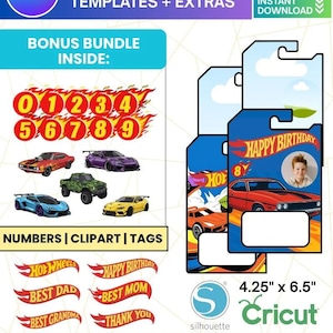 May include: A digital design bundle featuring Hot Wheels-themed templates and extras. Includes numbers, clipart, and tags. The bundle includes a Happy Birthday card design with a car graphic. The card measures 4.25 x 6.5 inches.